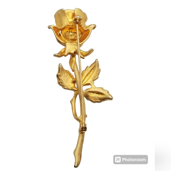 VINTAGE MATTE GOLDTONE STEMMED ROSE BROOCH - Picture 3 of 3